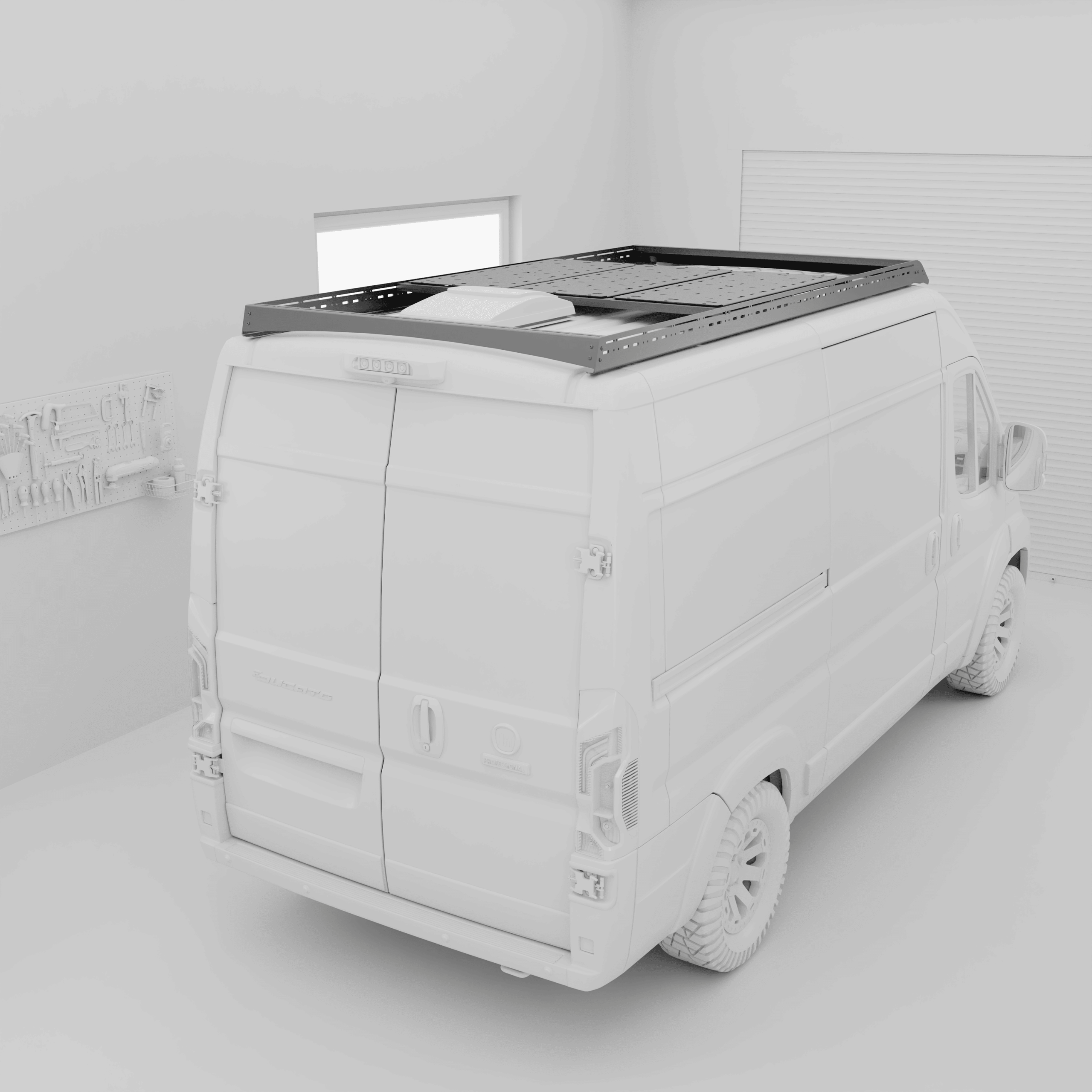 YAKKT PRO modular aluminium roof rack fitted to a Peugeot Boxer L2H2 van, rear three-quarter view showing the roof platform and roof vent