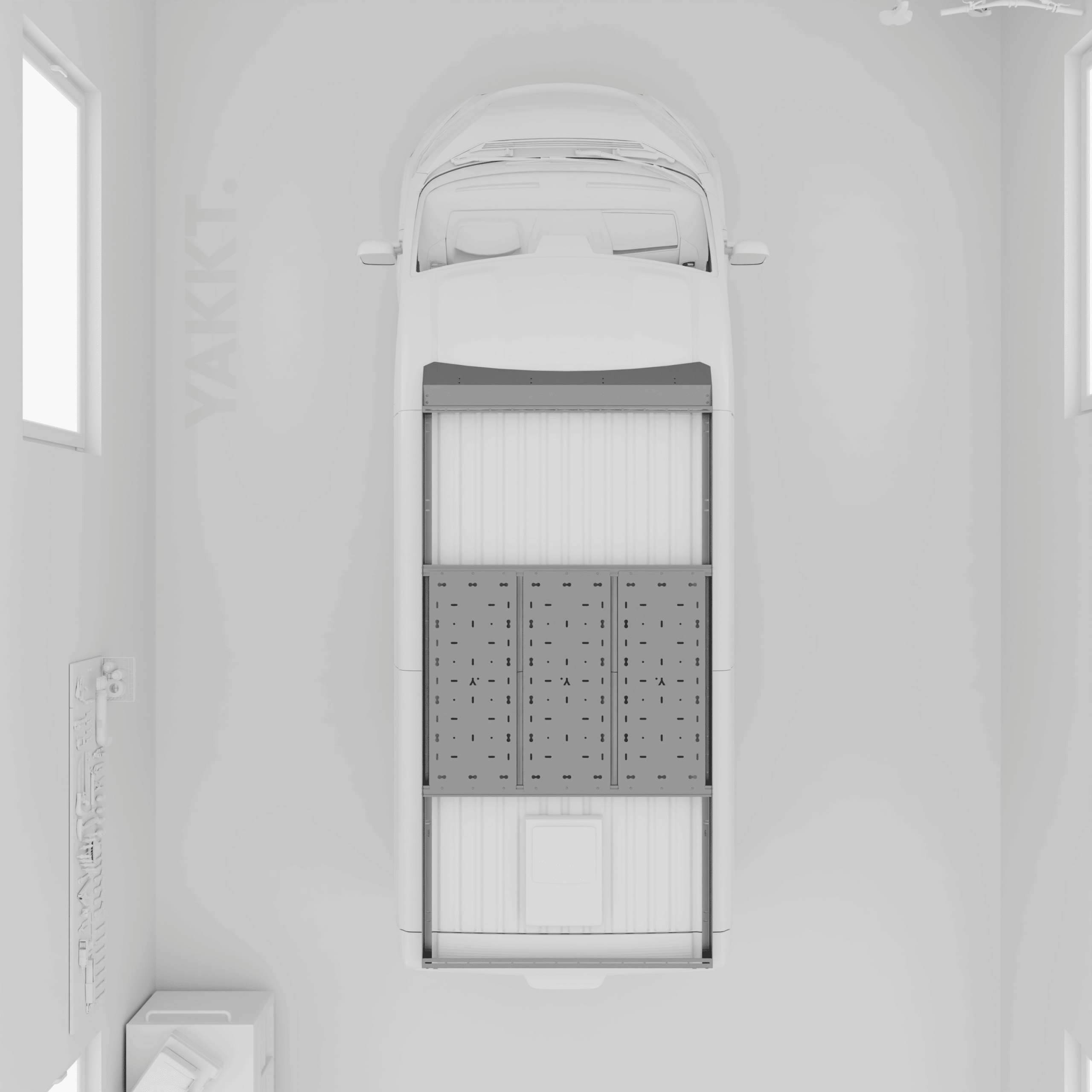 YAKKT PRO modular aluminium roof rack fitted to a Peugeot Boxer L2H2 van, overhead view showing the gear tray deck panels