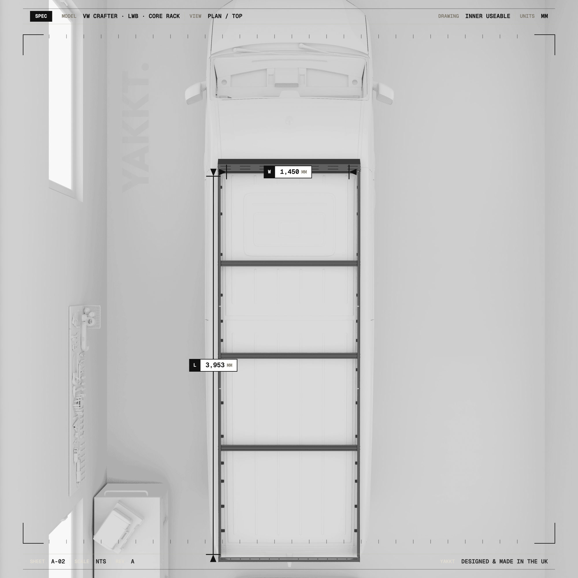 Dimensional drawing of the YAKKT CORE roof rack for VW Crafter and MAN TGE LWB