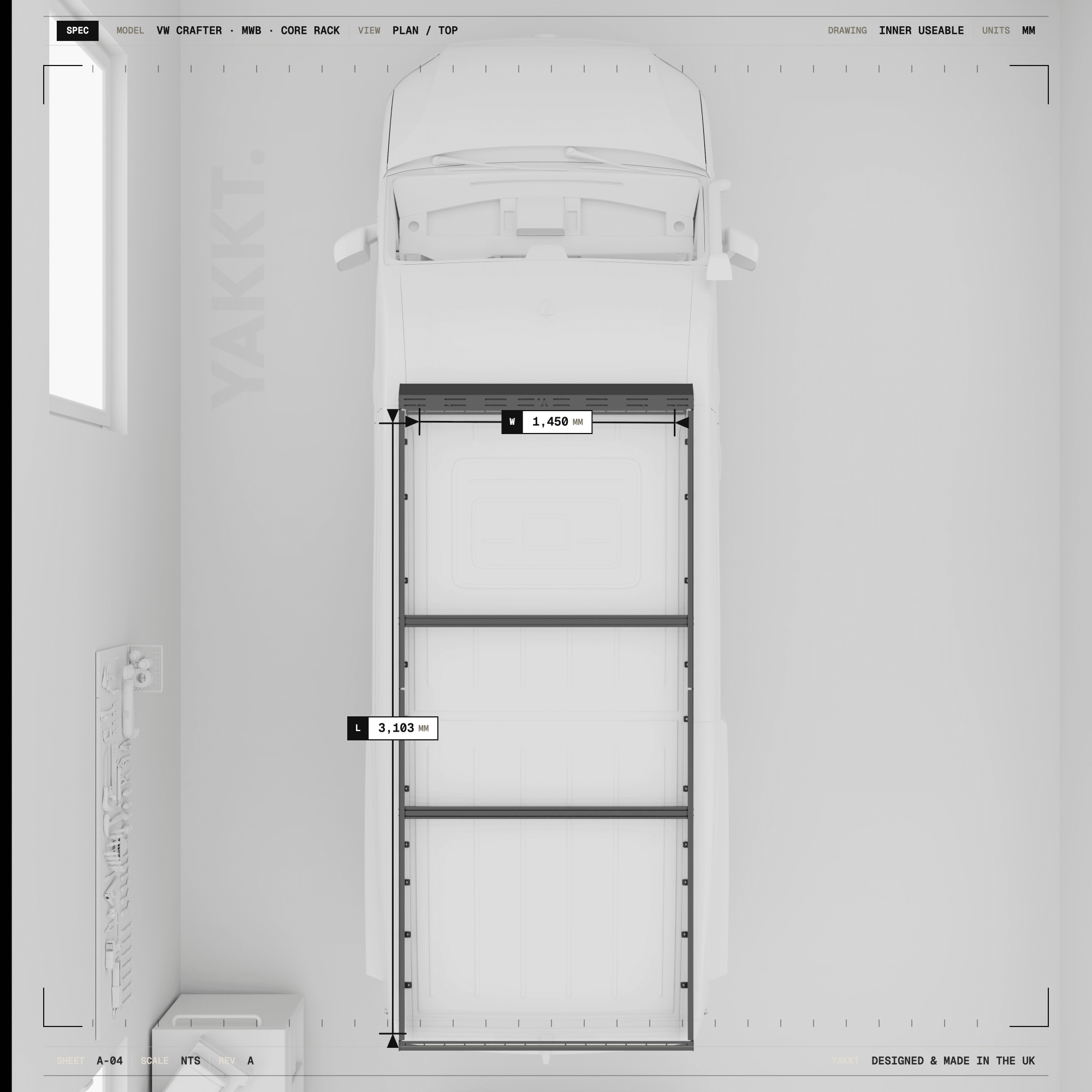 Dimensional drawing of the YAKKT CORE roof rack for VW Crafter and MAN TGE MWB
