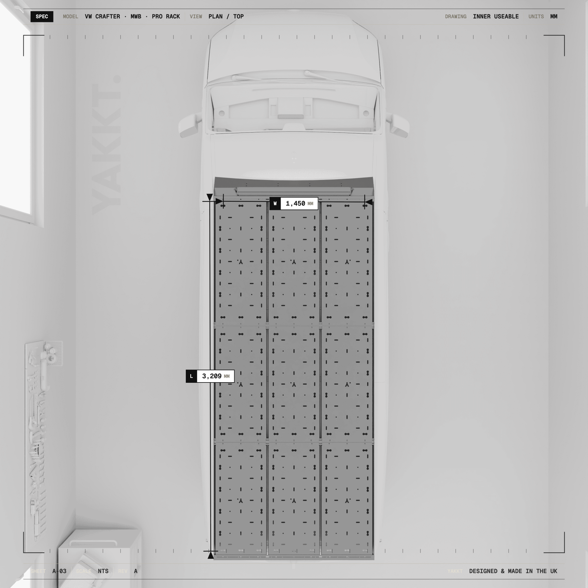 Dimensional drawing of the YAKKT PRO roof rack for VW Crafter and MAN TGE MWB