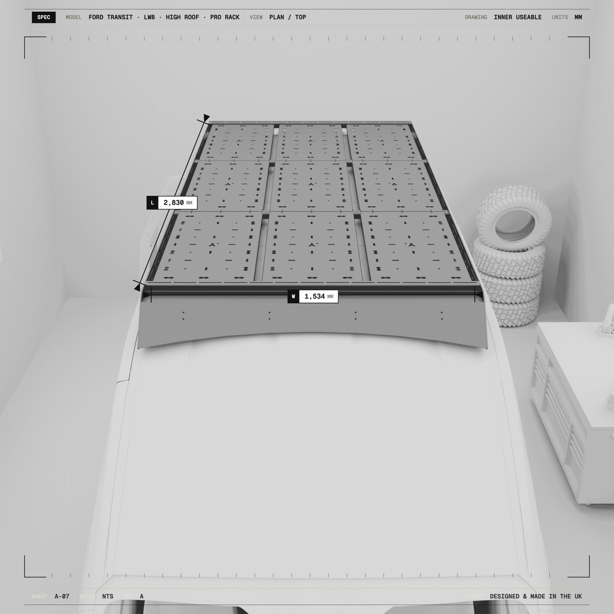 Dimensional drawing of the YAKKT PRO roof rack for Ford Transit LWB high roof