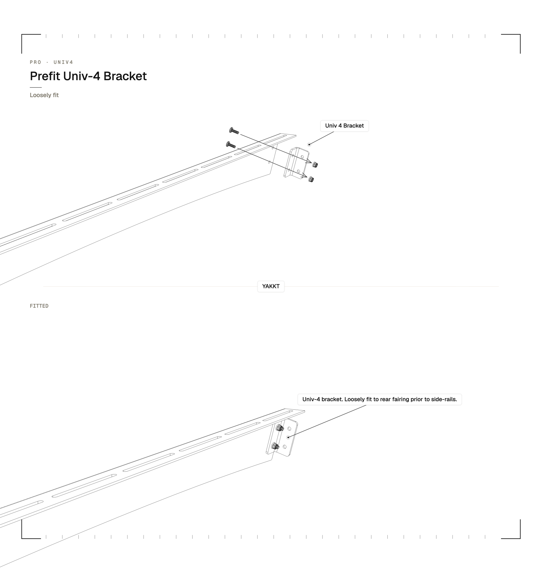 Pre-install the UNIV-4 brackets onto the rear fairing on the bench before lifting onto the vehicle