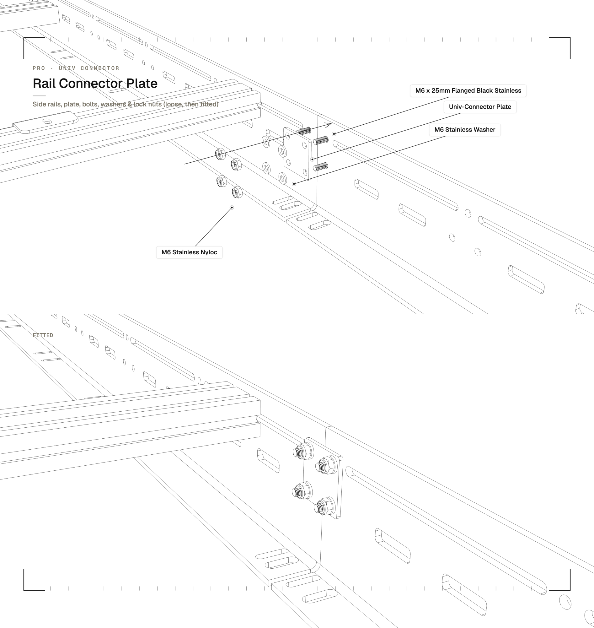 Rail connector bridging the side-rail sections, bolted through with the plate on the inside