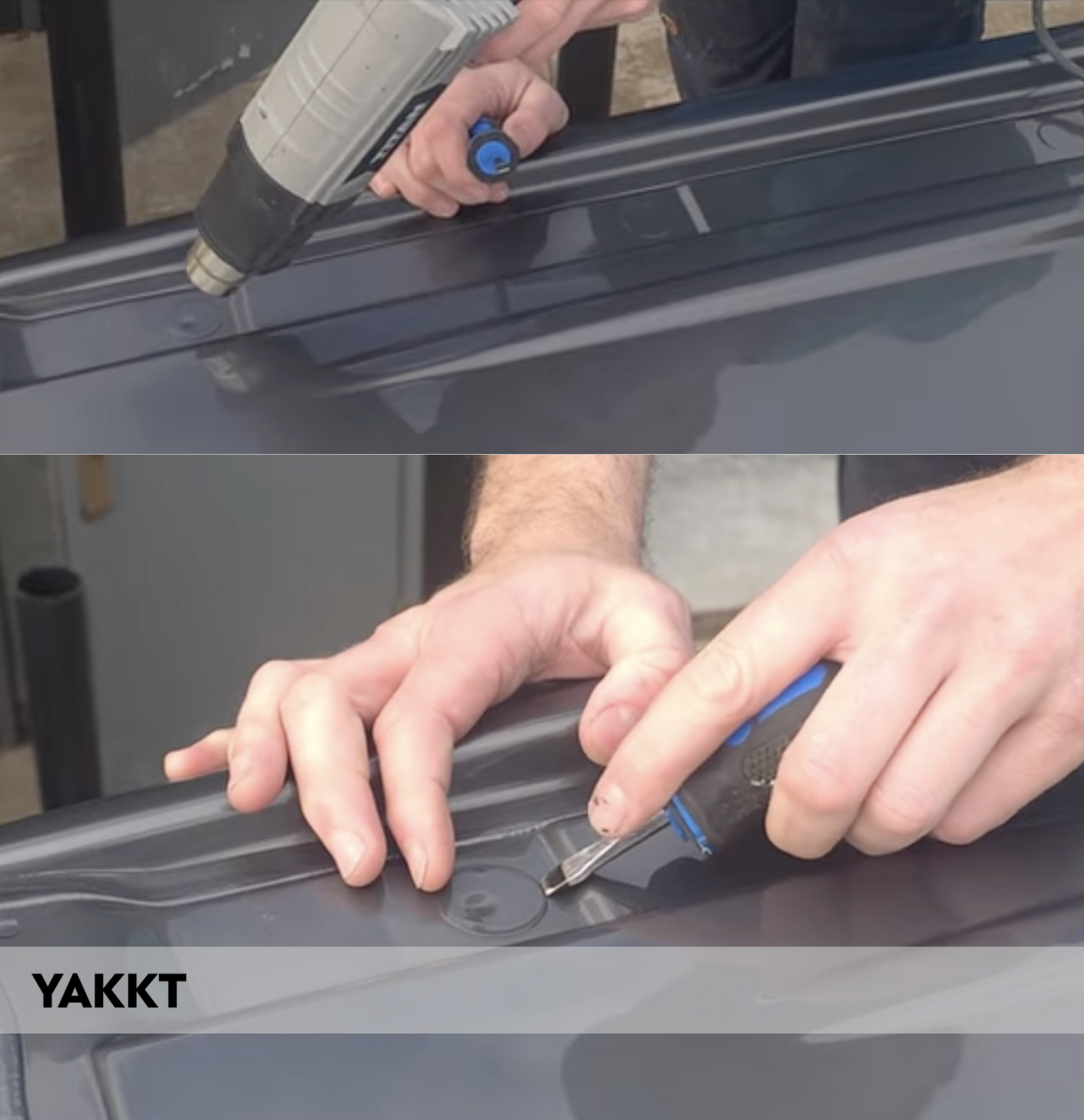 Factory roof tabs in position on the Crafter — warm the adhesive, lift each tab off to reveal the M8 mounting hole beneath