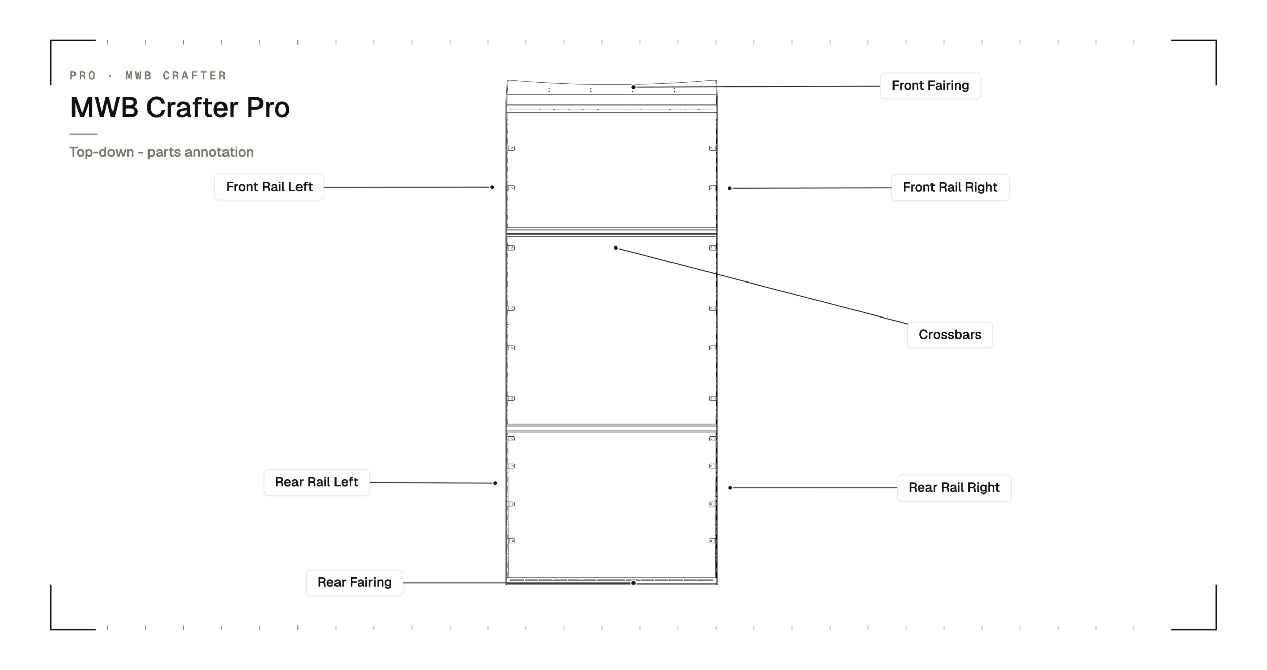 Top-down annotated parts overview for the YAKKT VW Crafter / MAN TGE MWB PRO roof rack