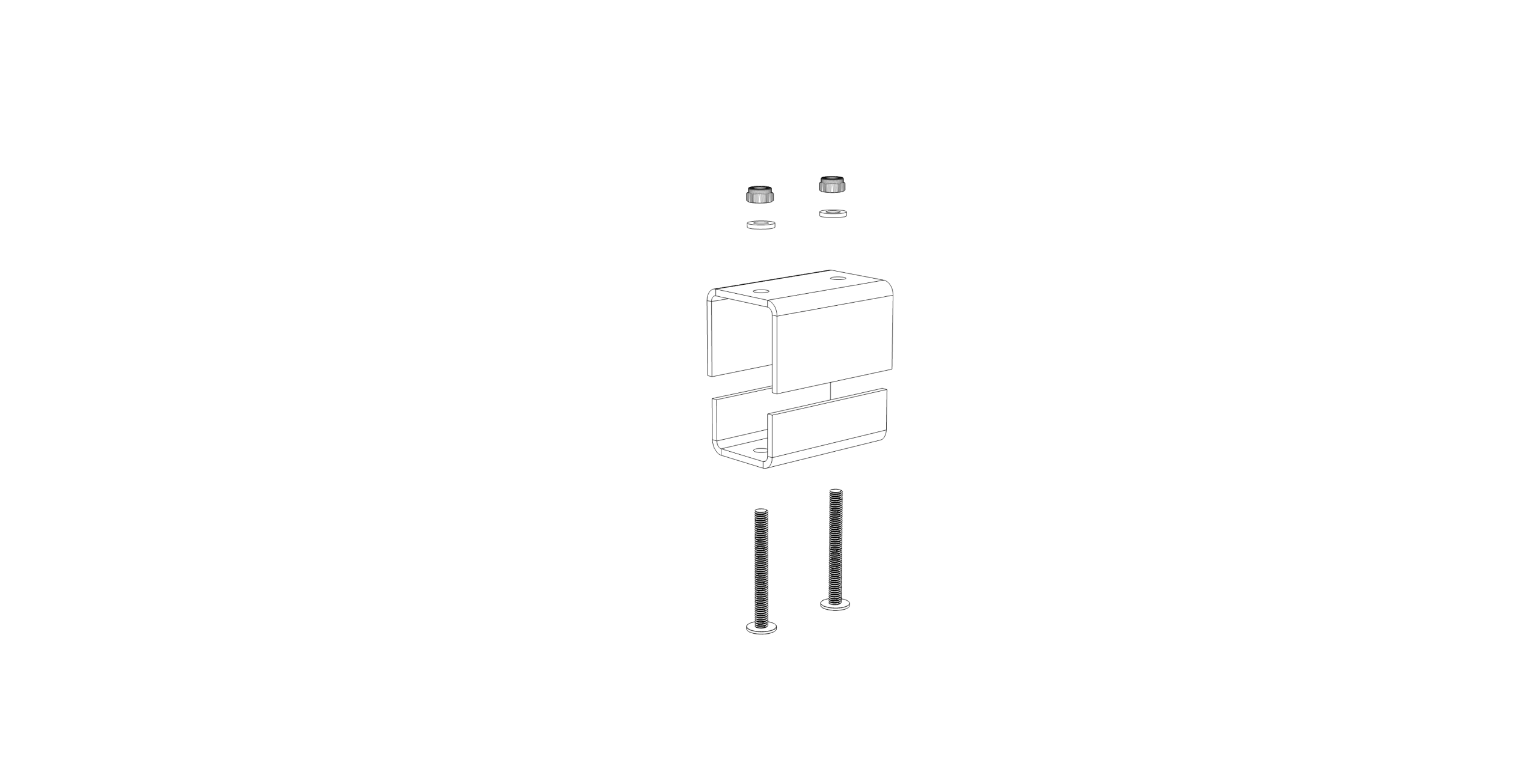 Sevel mounting foot exploded — the U-channel foot, two bolts up from below, and a washer and nyloc nut on each bolt on top