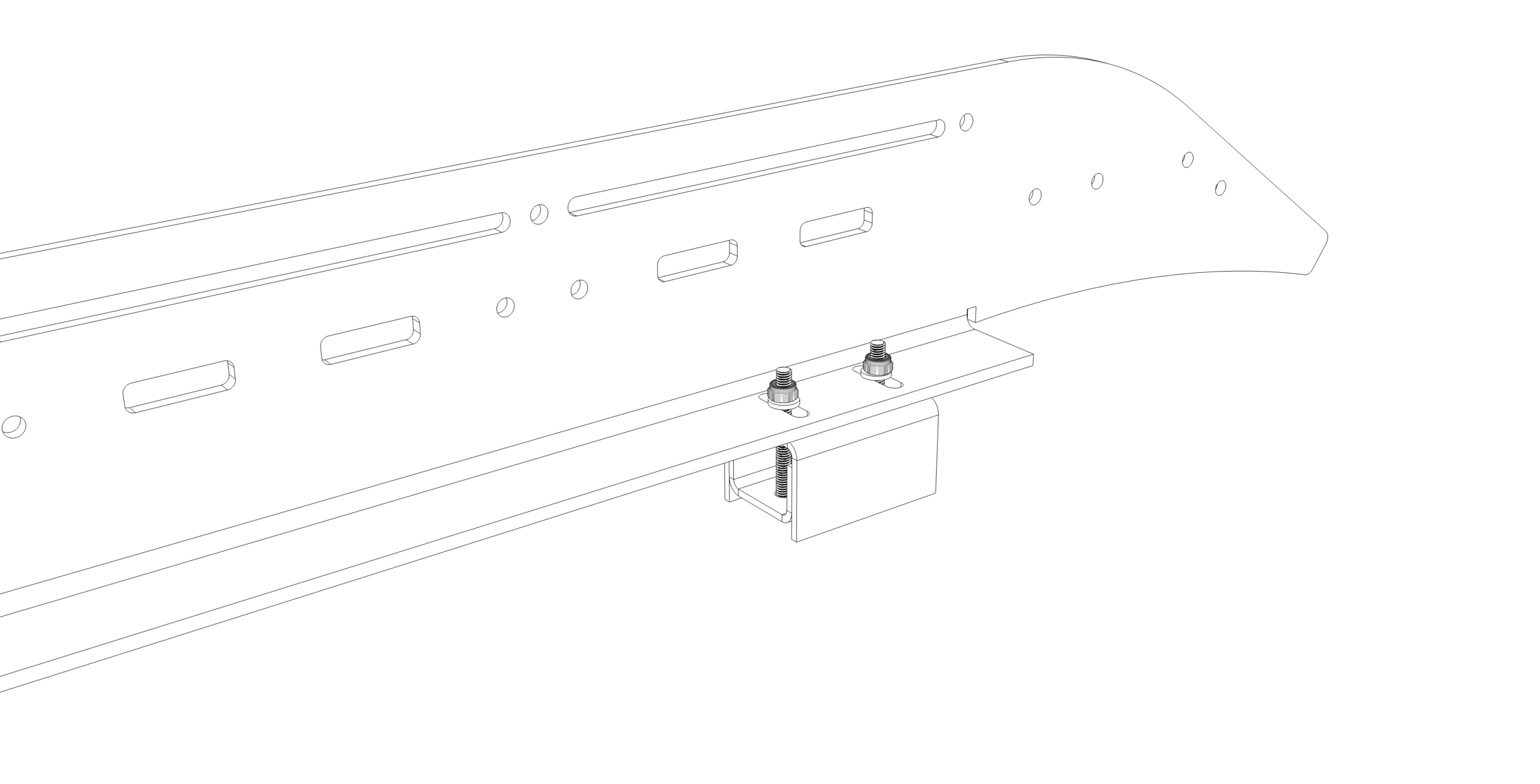 Mounting-foot bolts tightened down with the nyloc nuts seated — the finished side-rail-to-foot joint