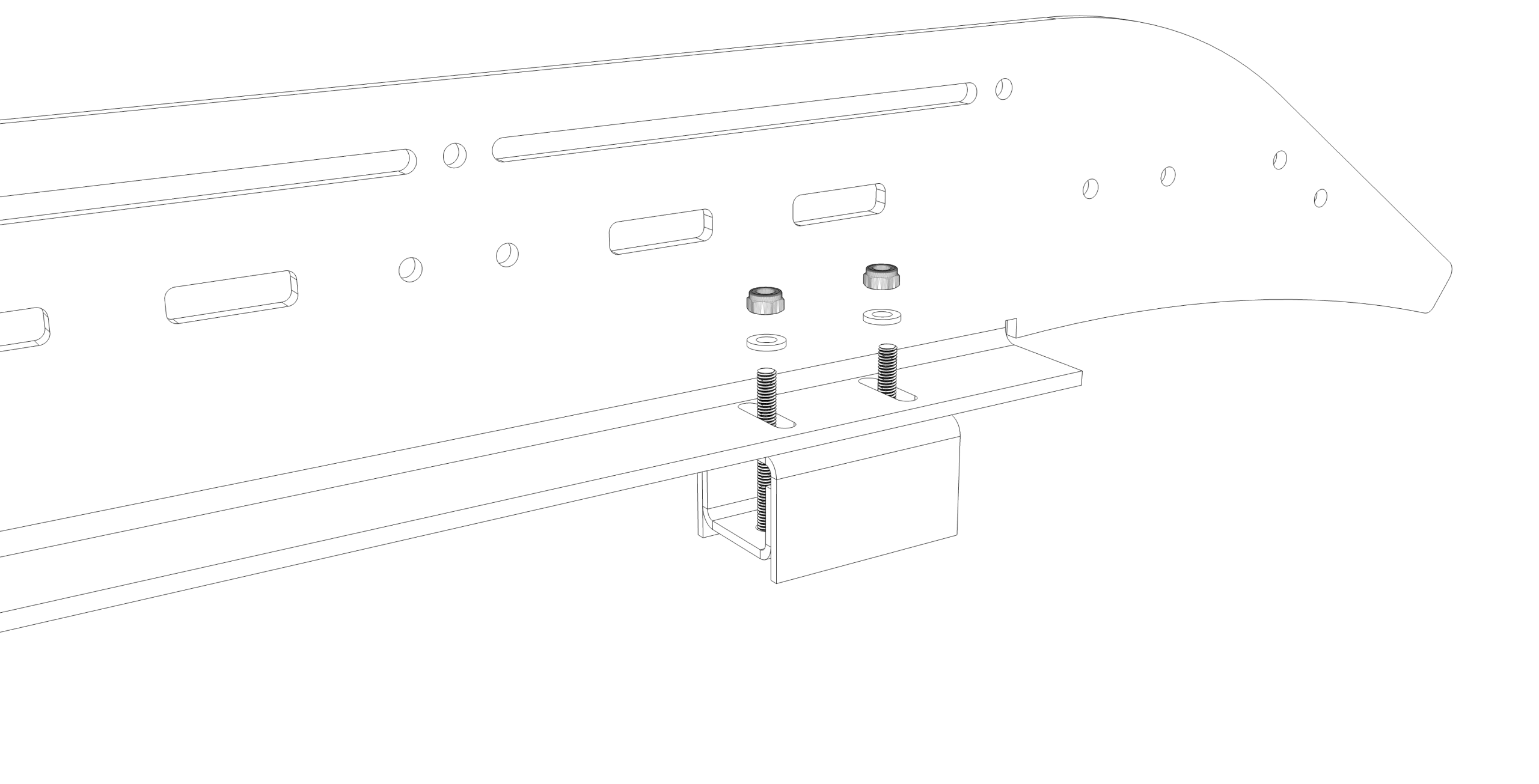 Side rail offered onto the mounting foot — bolts pushed up through the rail with washers and nyloc nuts started by hand and left loose