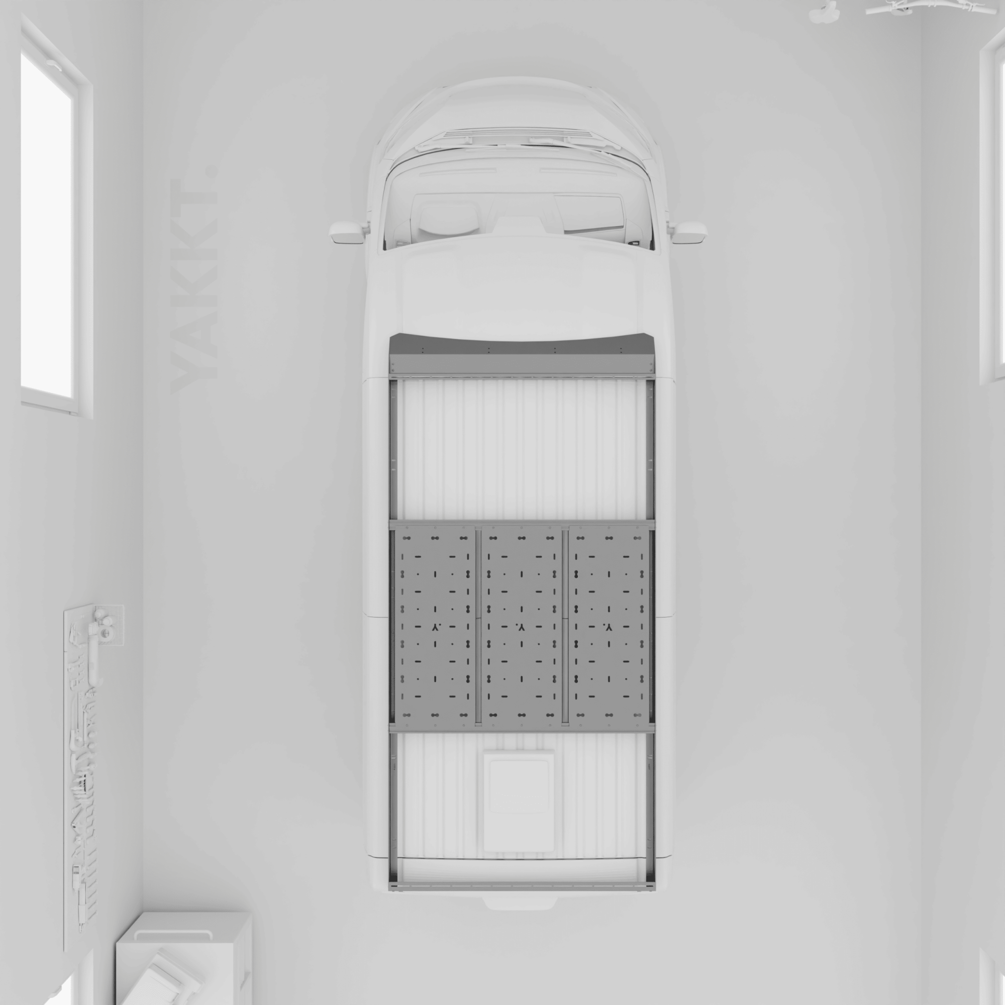 YAKKT PRO modular aluminium roof rack fitted to a Citroen Relay L2H2 van, overhead view showing the gear tray deck panels