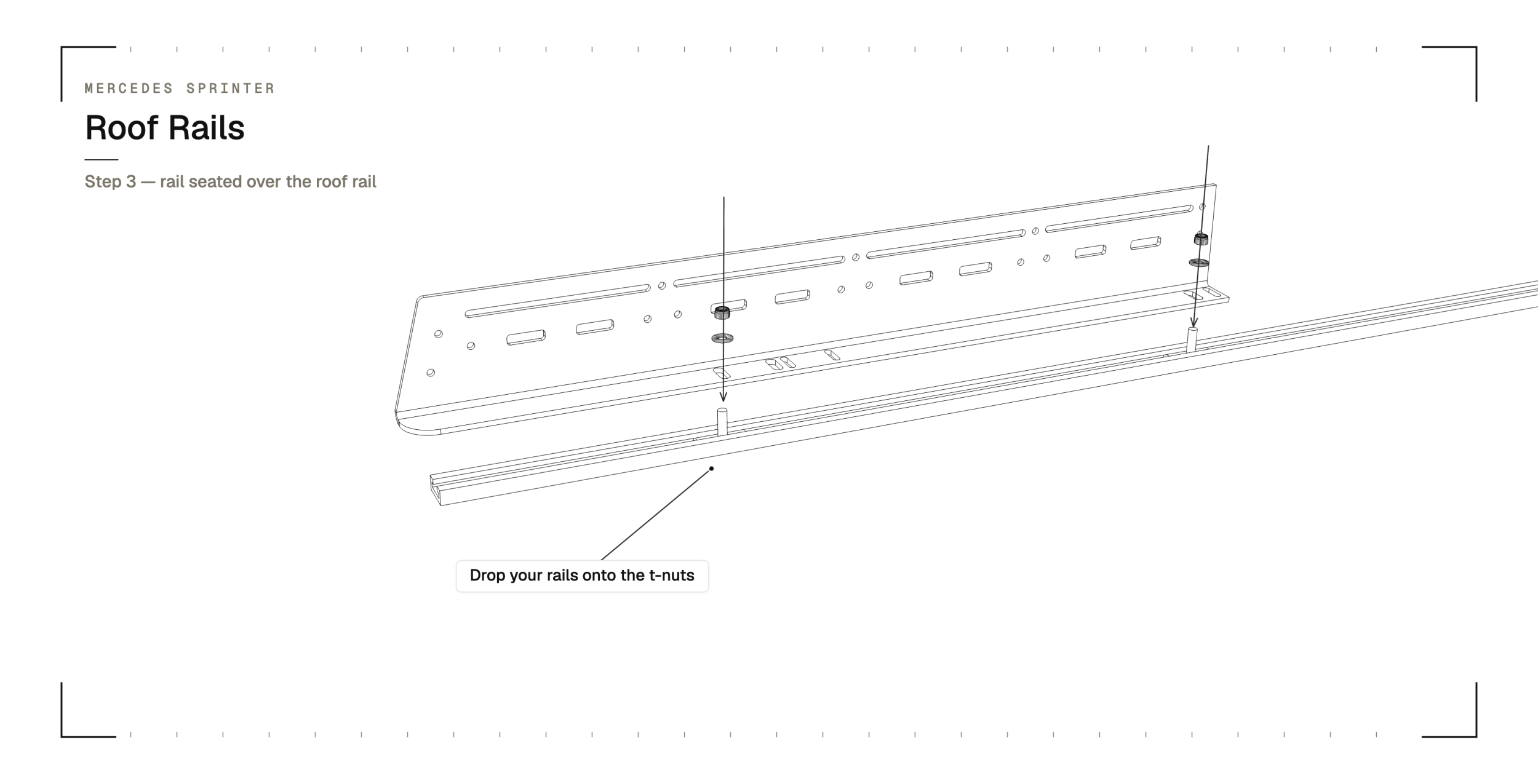 Step 3 — drop the YAKKT side rail over the T-bolts so the threads come through, then start a nut on each bolt