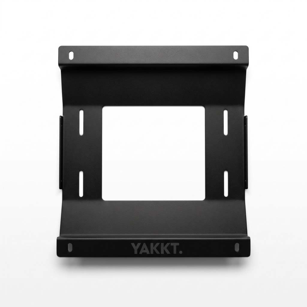 YAKKT Starlink Mini mount plate top view showing slotted fixings for PRO roof rack crossbars