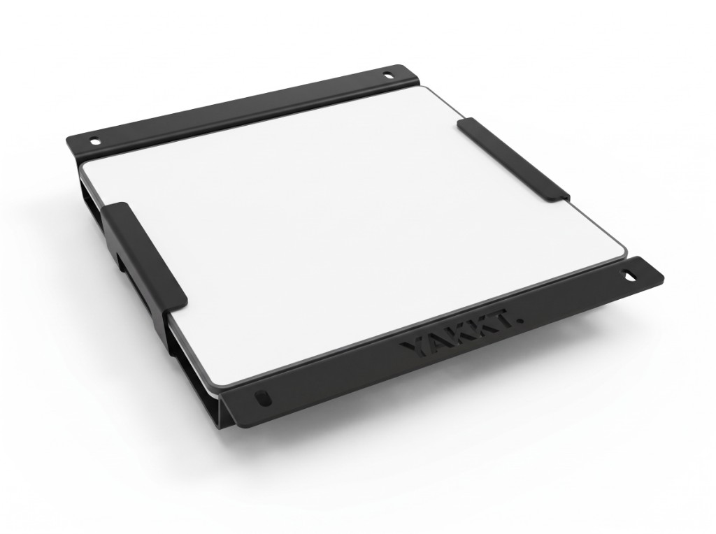 Low profile Starlink Mini roof rack mount holding the dish flat, three-quarter view