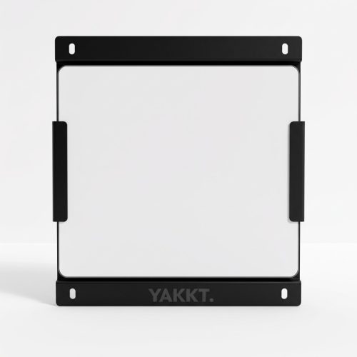 YAKKT Starlink Mini roof rack mount with Starlink Mini dish fitted, front view, black powder coated aluminium