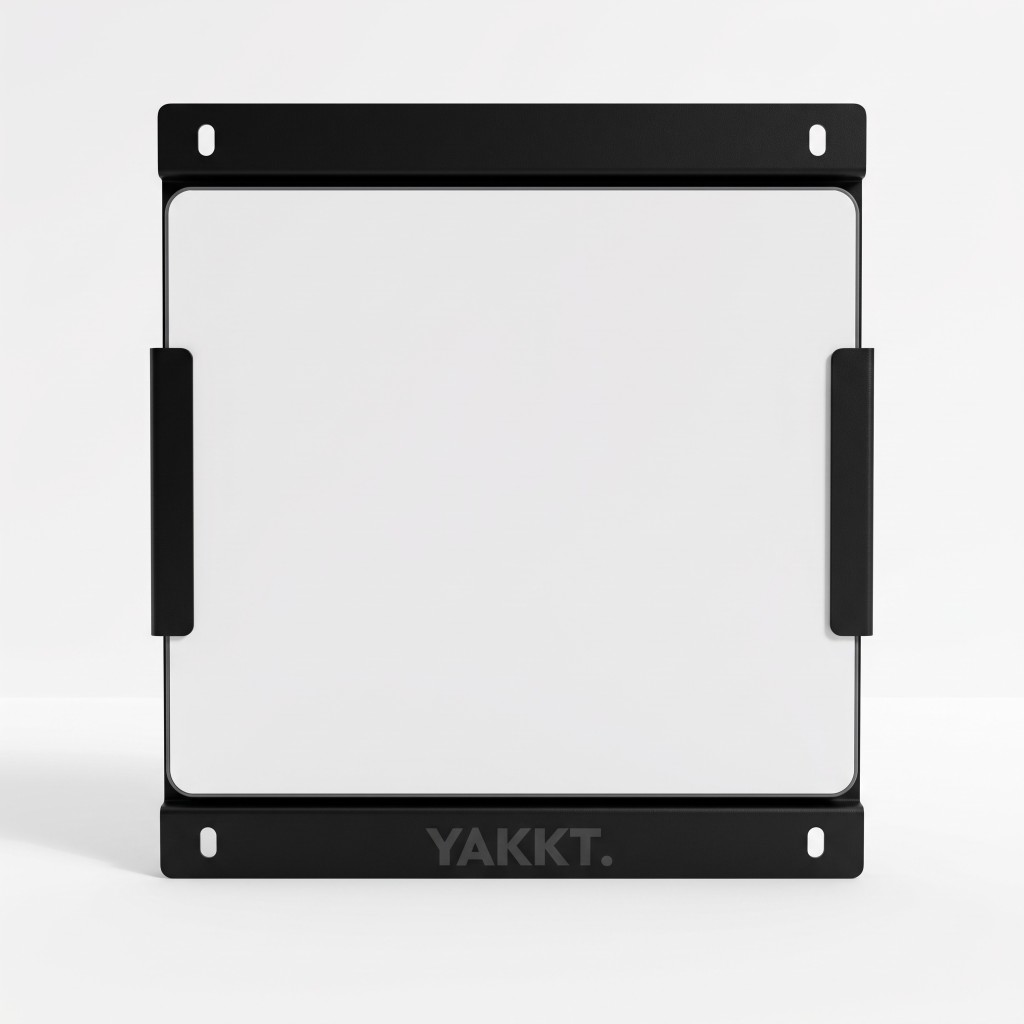 YAKKT Starlink Mini roof rack mount with Starlink Mini dish fitted, front view, black powder coated aluminium